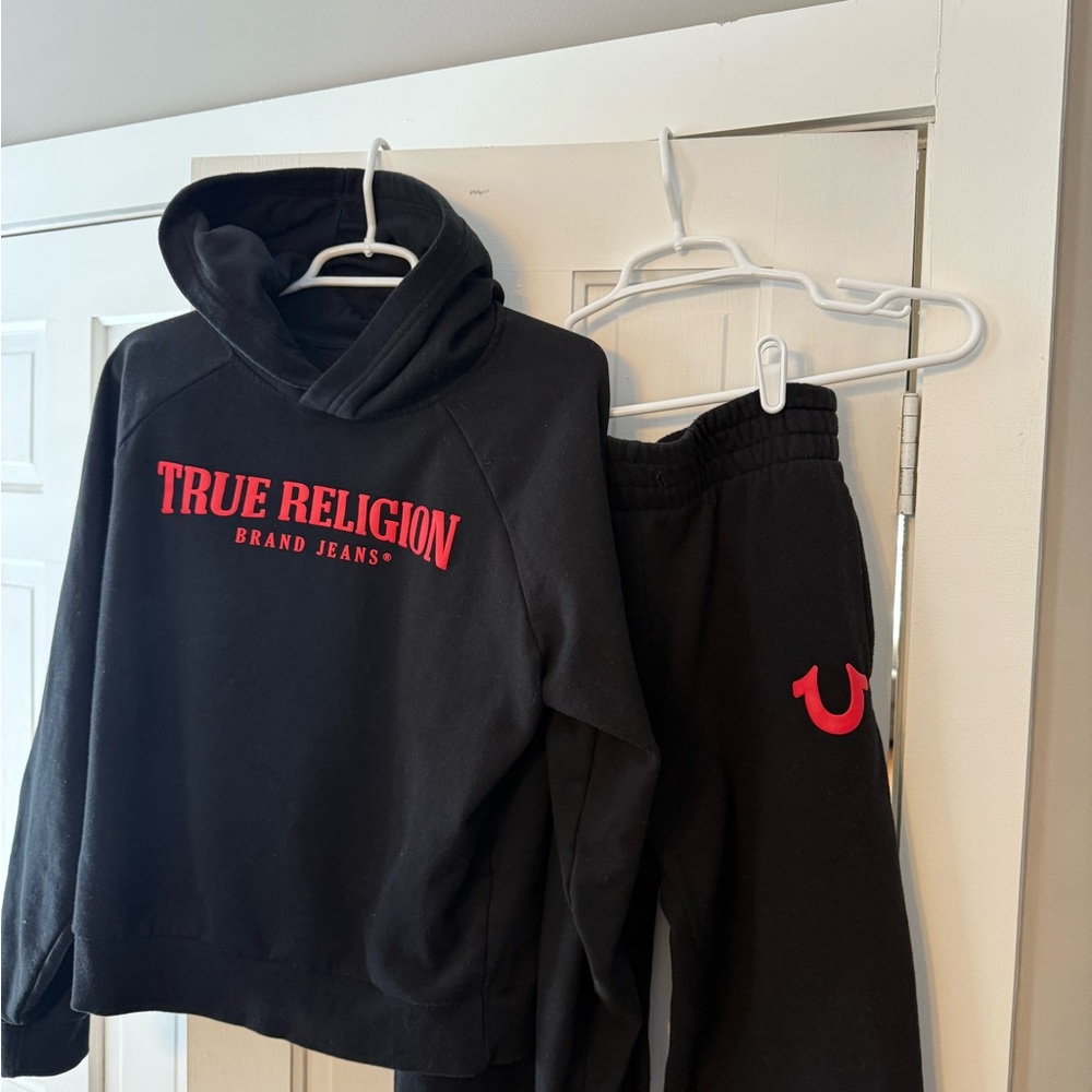 True Religion Black Sweatsuit Set with Red Lettering